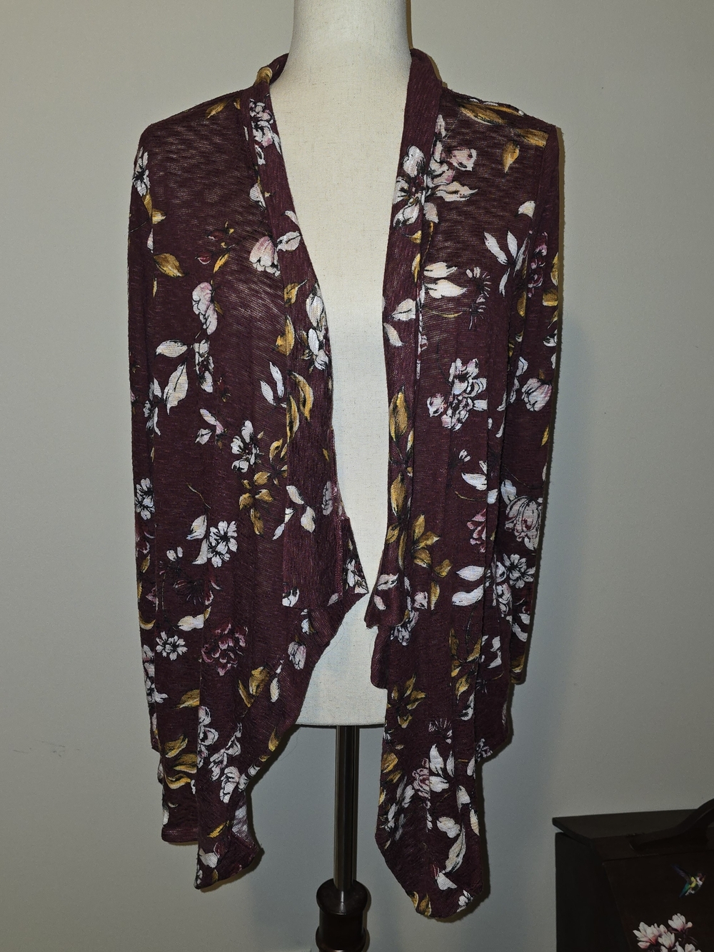 Maurices Burgundy Floral Draped Open Cardigan